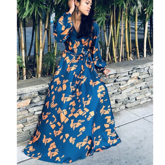 DIARRABLU NWOT Gyraf Blue Satin Marieme True Wrap Long Sleeve Maxi Dress Small - Picture 2 of 9